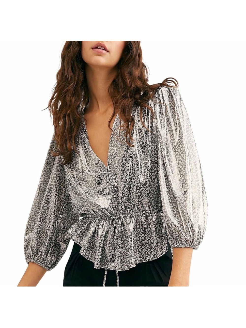 Free People Talk that Talk Silver Floral Top